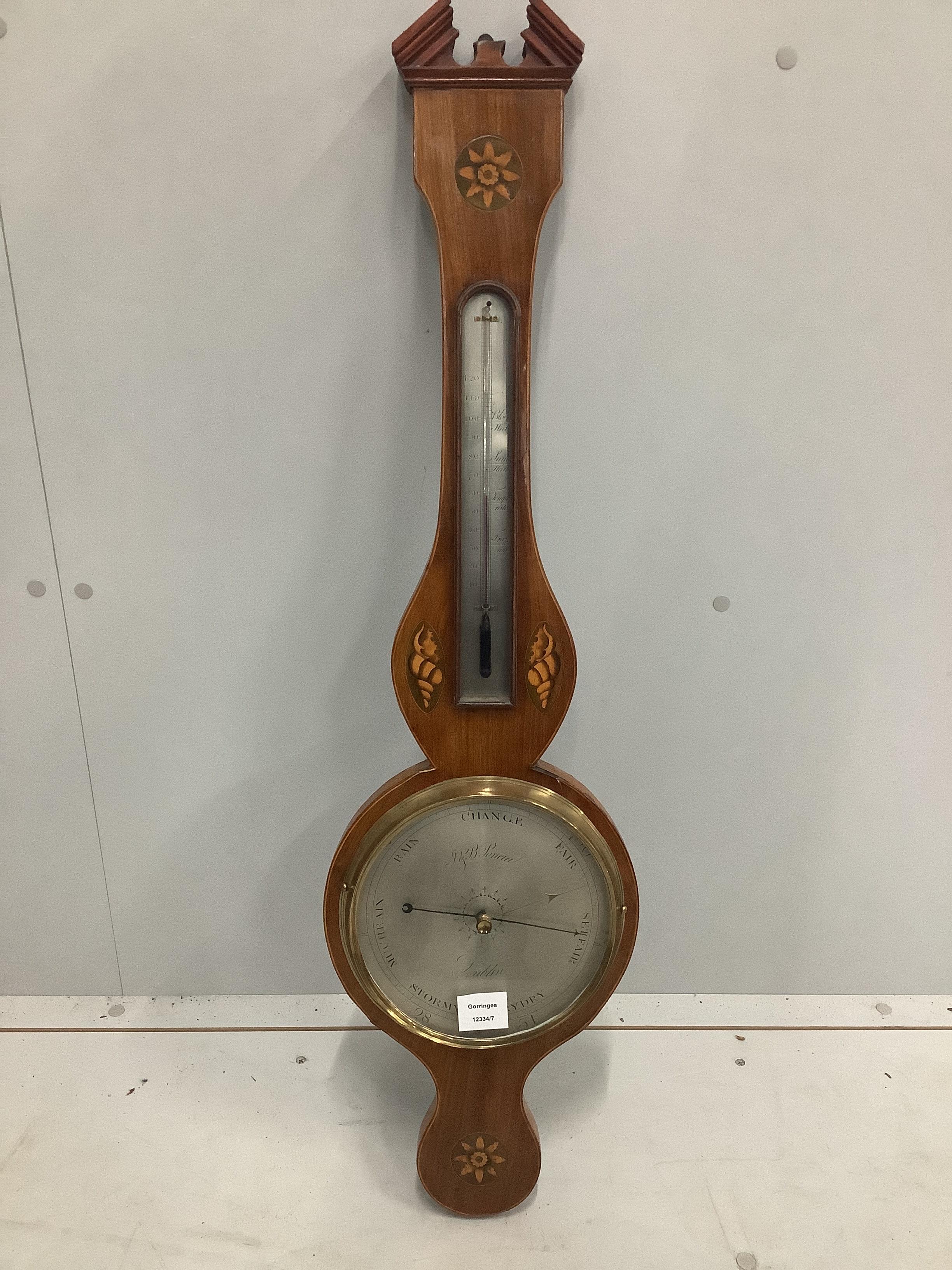 An early 19th century inlaid mahogany wheel barometer, height 97cm
